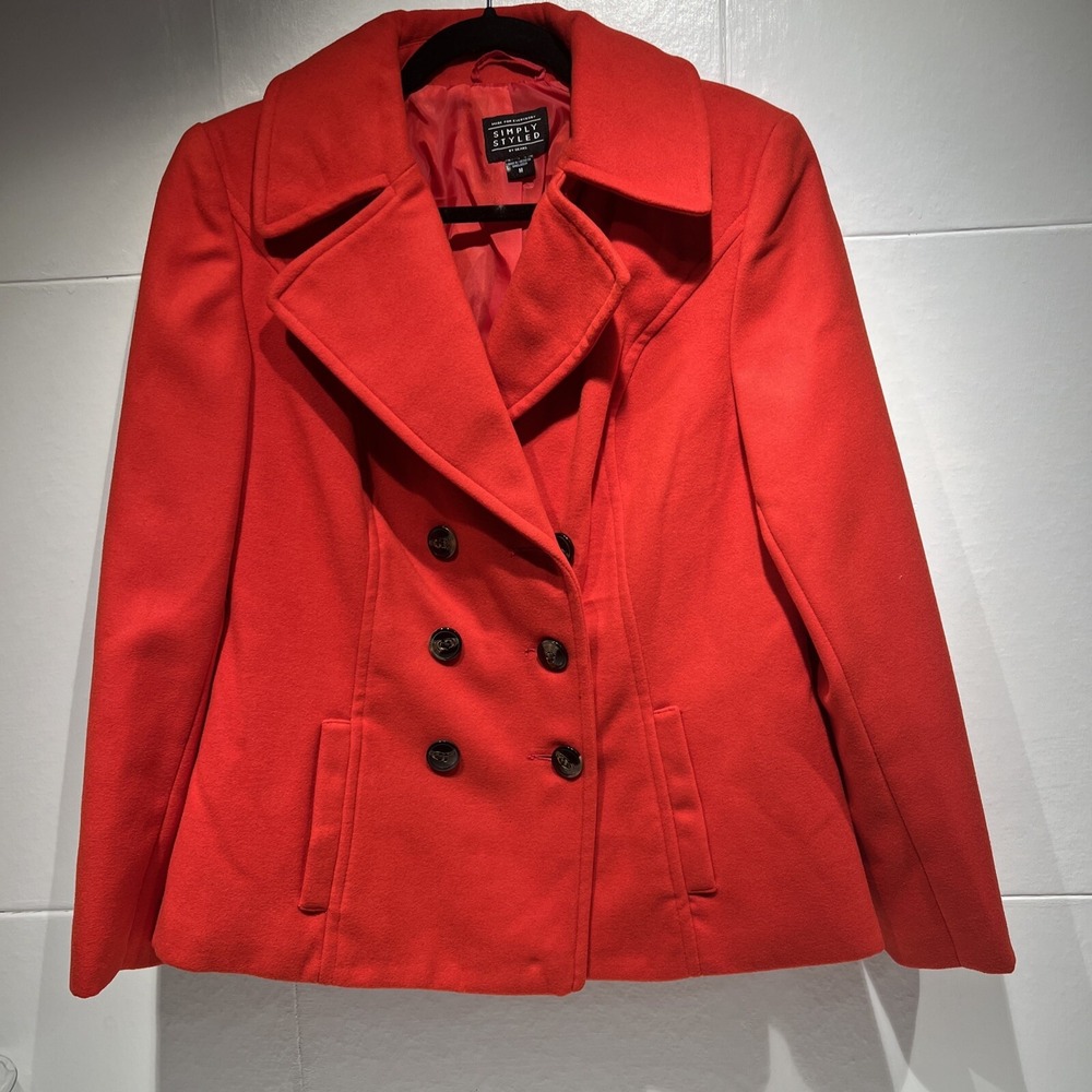 Simply Styled‎ By Sears True Red Polyester Peacoat Double Breasted Jacket Coat M